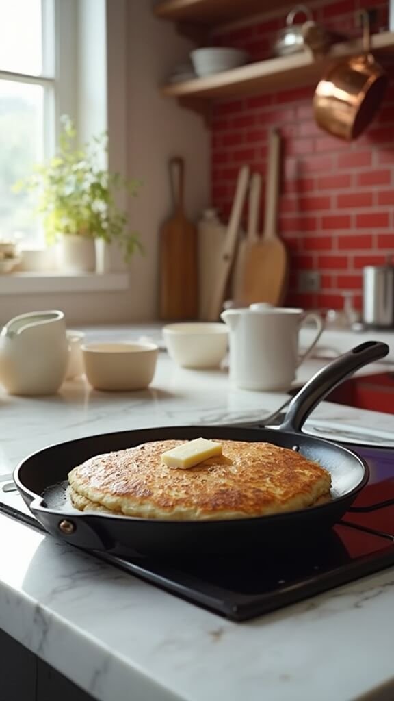 Coconut flour batter being poured onto a sizzling skillet in a modern kitchen with marble countertops and red subway tile backsplash