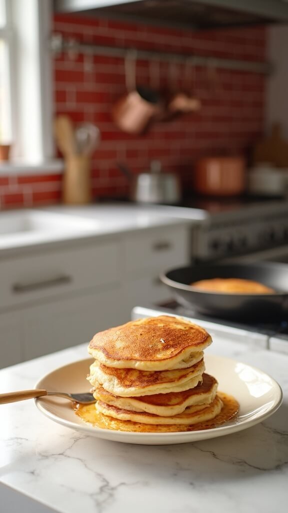 Golden-brown, fluffy coconut flour pancakes stacked on a cream ceramic plate in a modern kitchen with red subway tiles and natural daylight