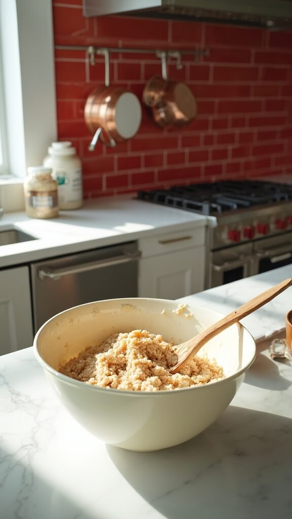 Modern kitchen setup featuring preparations of a cookie dough mixture inside a ceramic bowl with protein powder and coconut flour containers nearby, shot in a daylight setting with Canon 5D Mark IV.