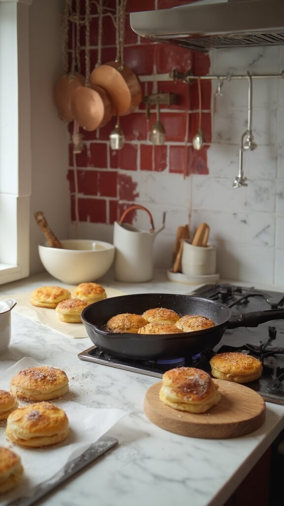 Golden-brown English muffins cooking on cast iron skillet in a modern kitchen with red subway tile backsplash and warm, earthy color grading