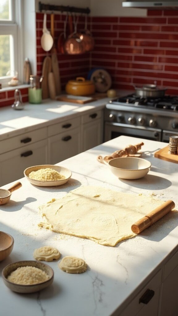 Professional food photography of dough prepared on a floured marble counter in a modern kitchen with red subway tile backsplash, clear prep bowls, and wooden utensils