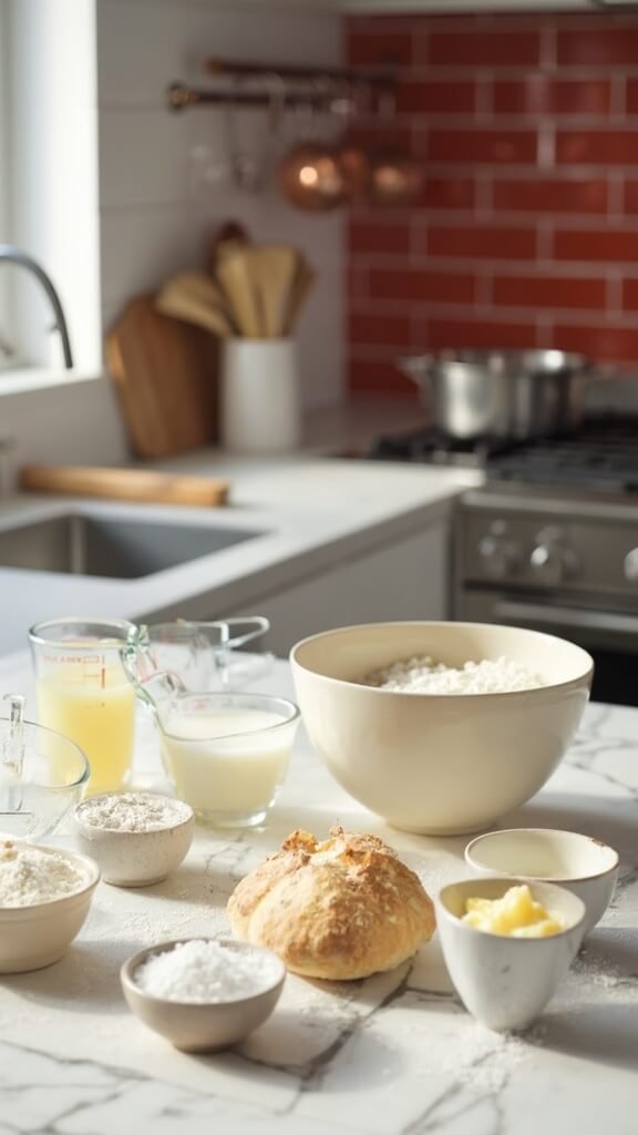 Modern kitchen setup with ingredients for English muffin preparation arranged neatly on marble countertop, shot in natural daylight
