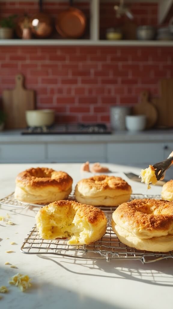Golden-brown English muffins cooling on a wire rack in a modern kitchen with red subway tiles and natural daylight