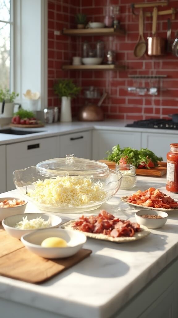 Ingredients for fathead pizza neatly arranged on a modern kitchen counter with sunlight streaming in