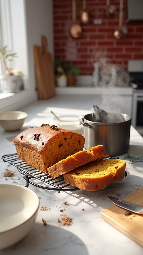 Sliced pumpkin bread with chocolate chips cooling on wire rack in a modern kitchen with red subway tiles and stainless steel appliances