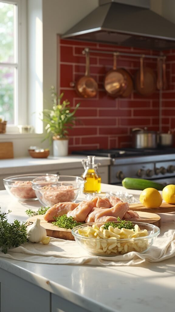 Preparation of Greek souvlaki with raw chicken, lemons, oregano, garlic, cucumber, and olive oil in a modern kitchen with red subway tiles, warm lighting, and clean, modern cookware