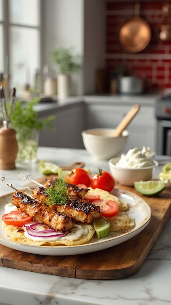 Final presentation of Greek souvlaki with chicken skewers on pita bread, tzatziki garnish, and fresh vegetables on a rustic wooden board in a modern kitchen