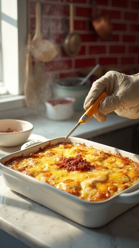 Fresh from the oven casserole with bubbling cheese and jalapeno rings, being checked with a meat thermometer, and topped with crumbled bacon in a modern kitchen