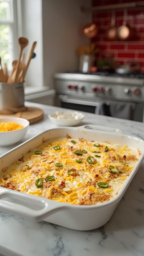 Seasoned chicken covered in creamy white cheese and jalapeño rings, with shredded cheddar and crumbled bacon on the side, in a modern kitchen with white marble countertops and stainless steel appliances, shot from a 45-degree angle.