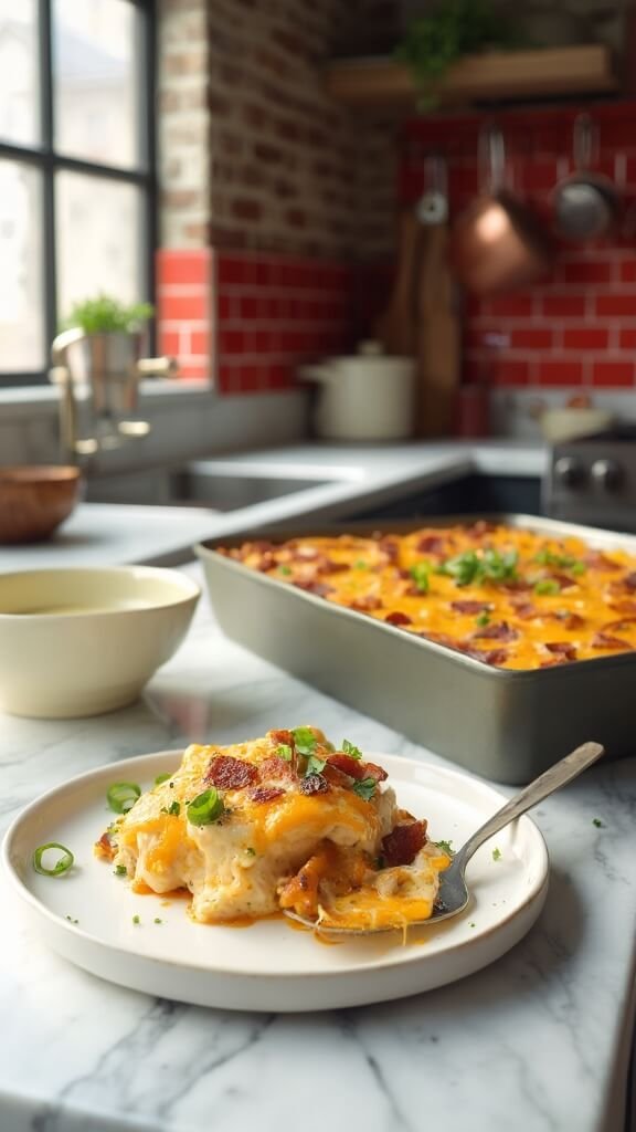 Jalapeño popper chicken casserole on a white ceramic plate in a modern kitchen with sunlight streaming in