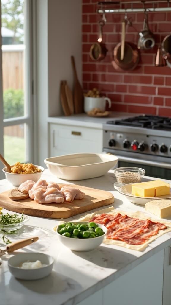 Ingredients for meal prep in a modern kitchen with red subway tile backsplash, including boneless chicken breasts, jalapeños, cheese blocks, bacon strips, and various spices on a marble countertop, under natural daylight.