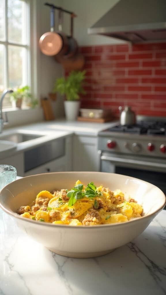 Keto breakfast bowl with scrambled eggs, sausage, cheddar cheese, and fresh garnish, plated in a modern kitchen with red subway tiles and copper pots