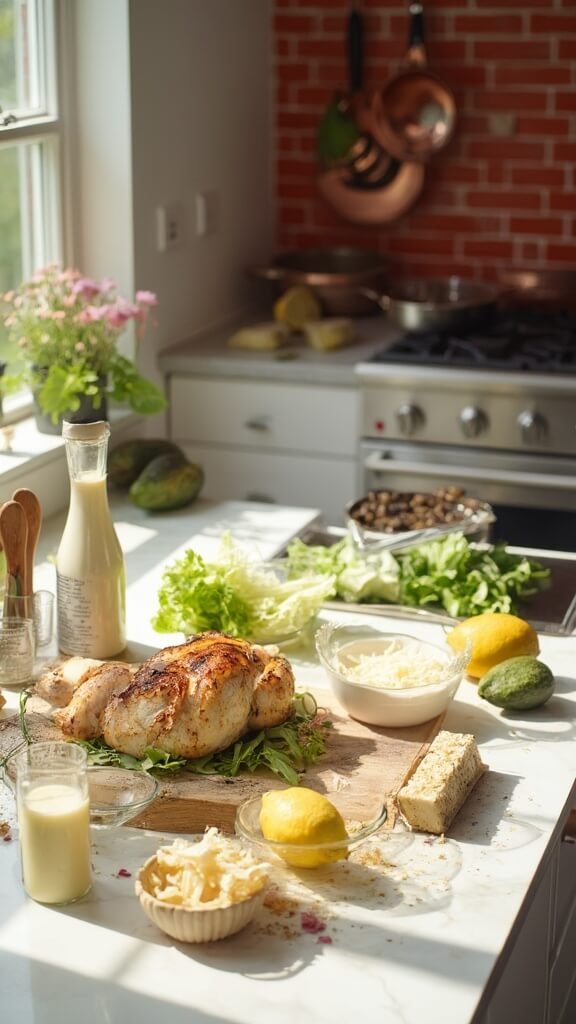 Modern kitchen setup with ingredients for keto chicken Caesar wraps on marble countertop