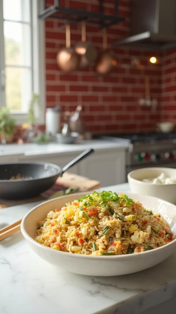 Keto cauliflower fried rice with vegetables and scrambled eggs in a white ceramic bowl, chopsticks resting beside it, in a modern kitchen with red subway tile backsplash, under natural daylight.