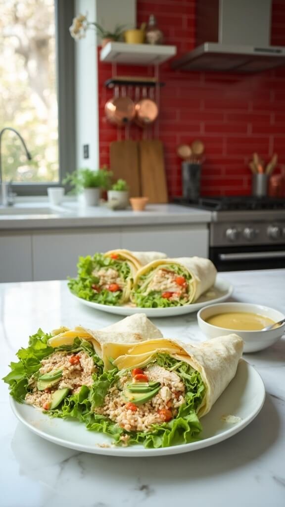 Keto chicken Caesar wraps cut in half, featuring lettuce, chicken, avocado, and Parmesan, in a modern kitchen with red subway tile backsplash.