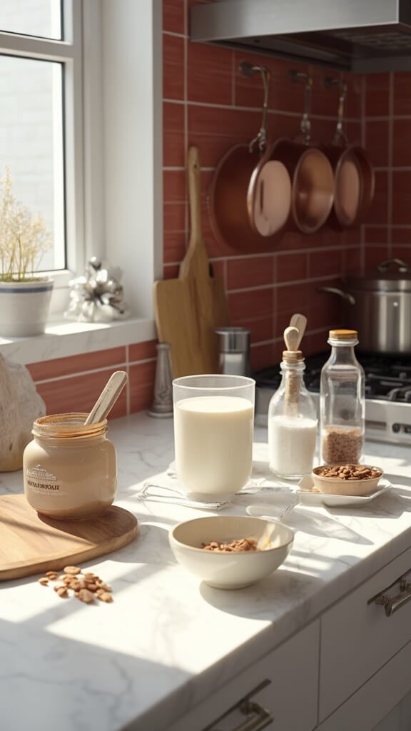 Modern kitchen setup with ingredients for a ketogenic recipe, featuring almond butter, coconut oil, cocoa powder, keto sweetener, vanilla extract, sea salt, and chopped almonds on a wooden cutting board.