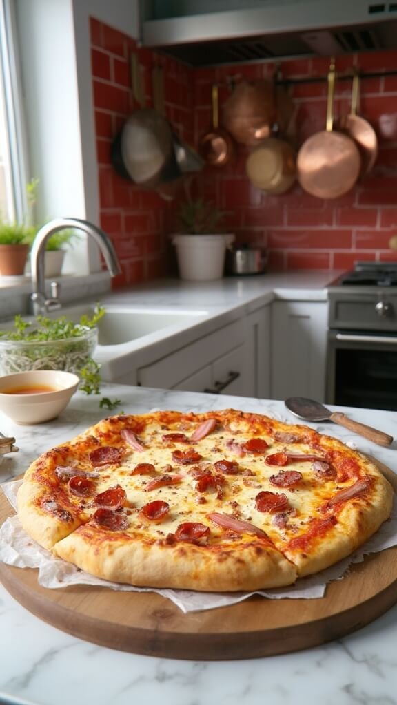 Freshly baked keto meat lovers pizza with various meats and golden crust on a baking sheet in a modern kitchen with red subway tile backsplash.