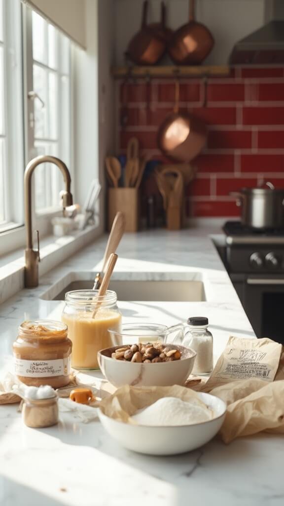 Ingredients for keto protein bars on a modern kitchen countertop