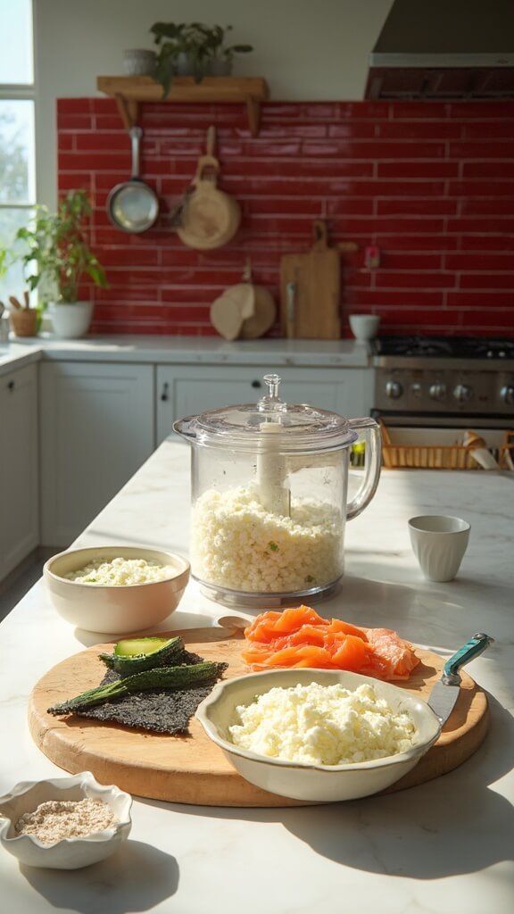 Preparation of keto sushi ingredients on a modern kitchen counter, including cauliflower being processed, cream cheese, fresh salmon, and vegetables