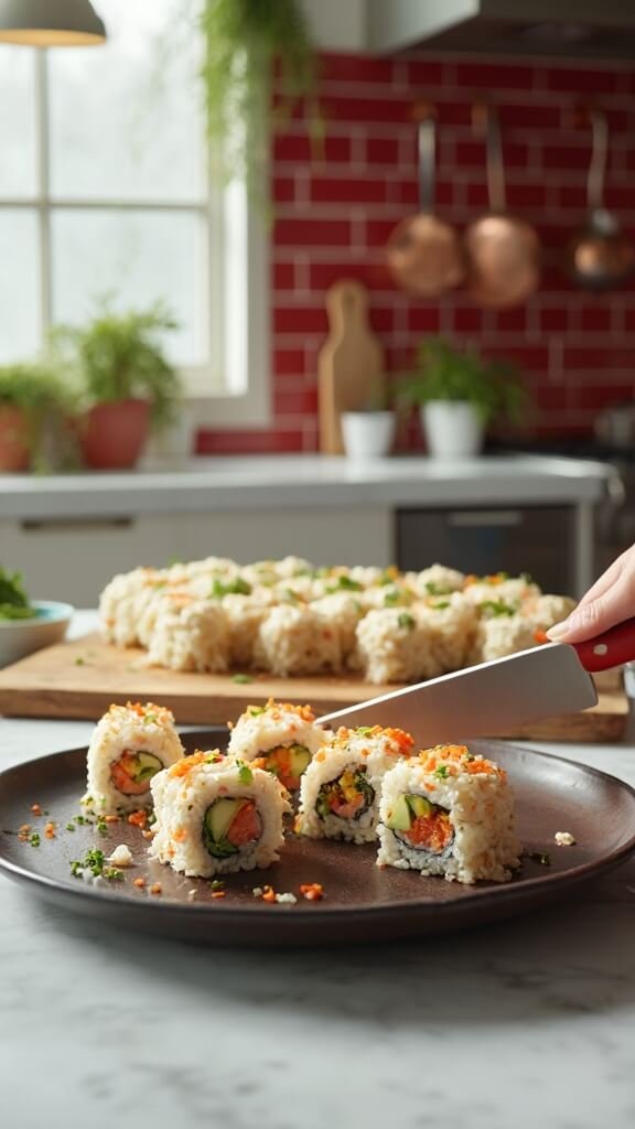 Keto sushi rolls artfully arranged on dark ceramic plate, being sliced on wooden board in a modern kitchen with red subway tile backsplash and pots hanging in the backdrop.