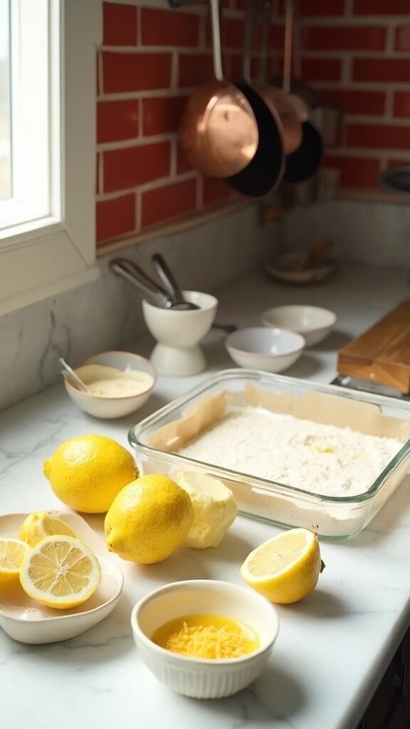 Professional food photography in a modern kitchen with lemons being zested and juiced, arrangements of almond flour and granulated erythritol, and a butter stick on a white marble countertop with modern cookware and utensils.
