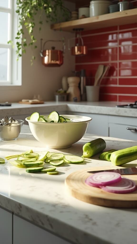 Professional food photography of thin cucumber slices being prepared with a mandoline slicer in a modern kitchen with red subway tile backsplash