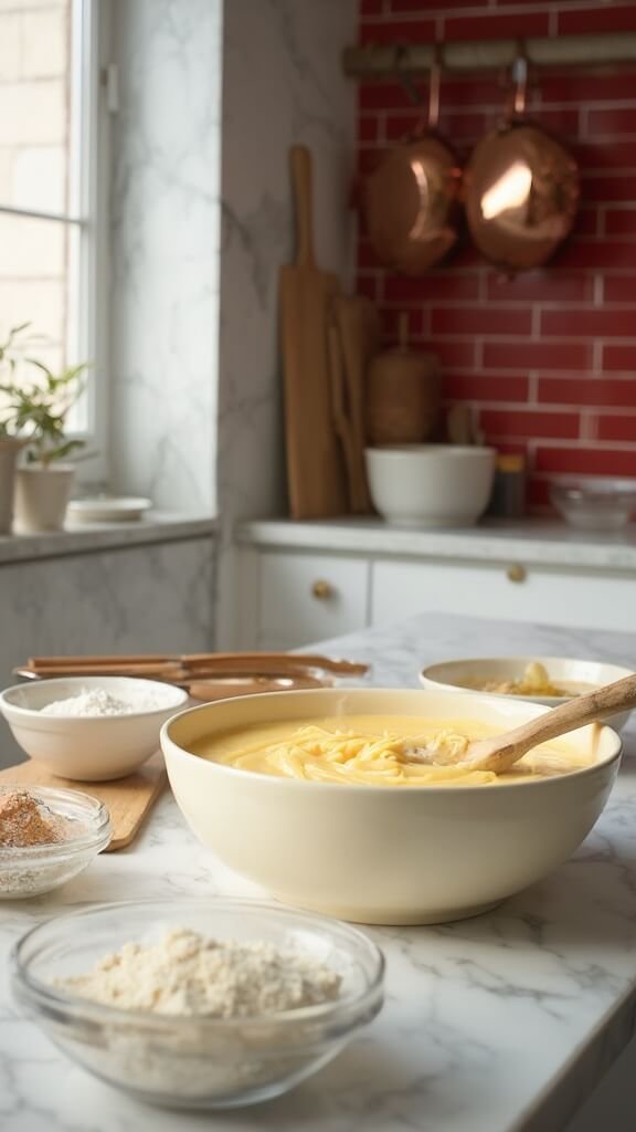 Melted cheese mixture in cream-colored ceramic bowl with wooden spoon, surrounded by almond flour, egg, and seasonings in a modern kitchen with warm lighting