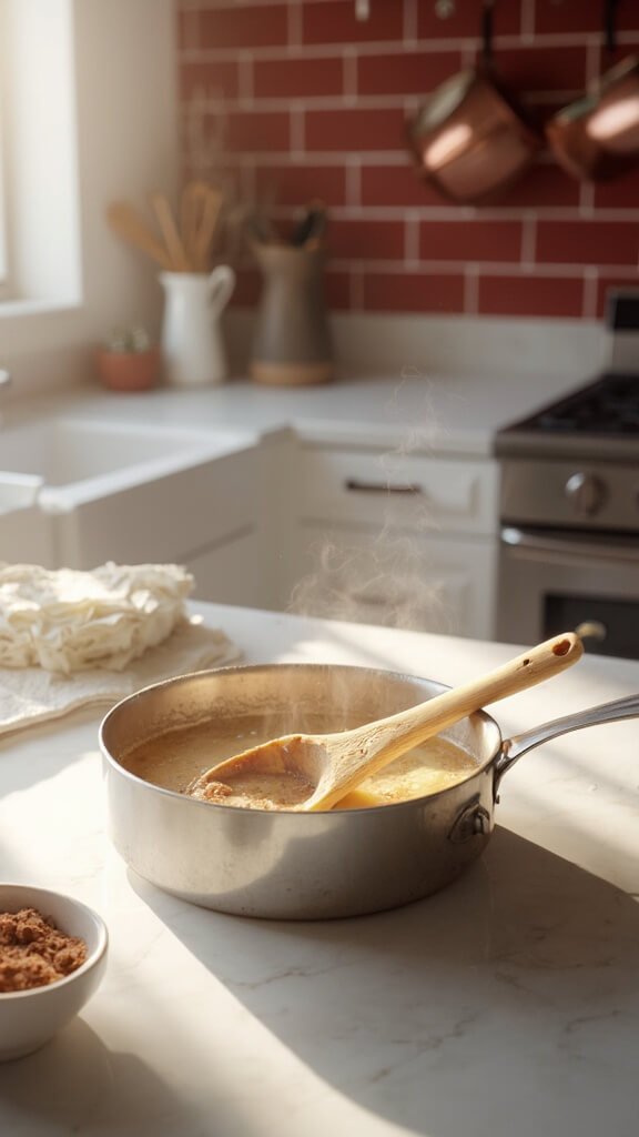 Golden melted coconut oil and almond butter in a saucepan in a modern kitchen with a wooden spoon and cocoa powder ready for whisking