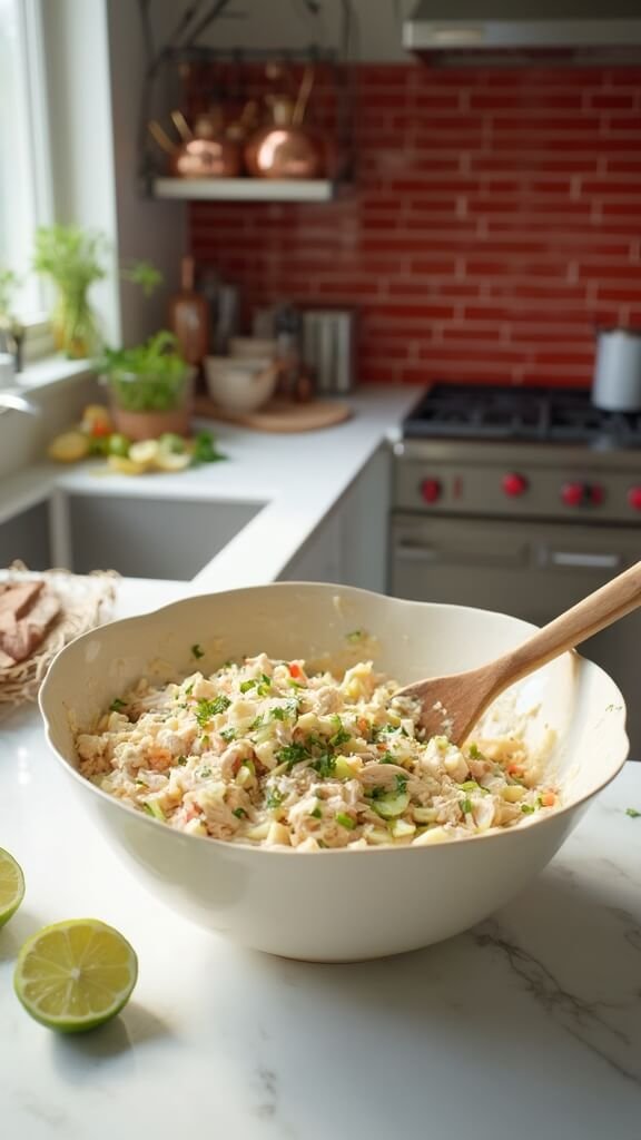 Professional kitchen scene with a bowl of creamy chicken salad being mixed with a wooden spoon, lime halves and seasonings on a white marble countertop