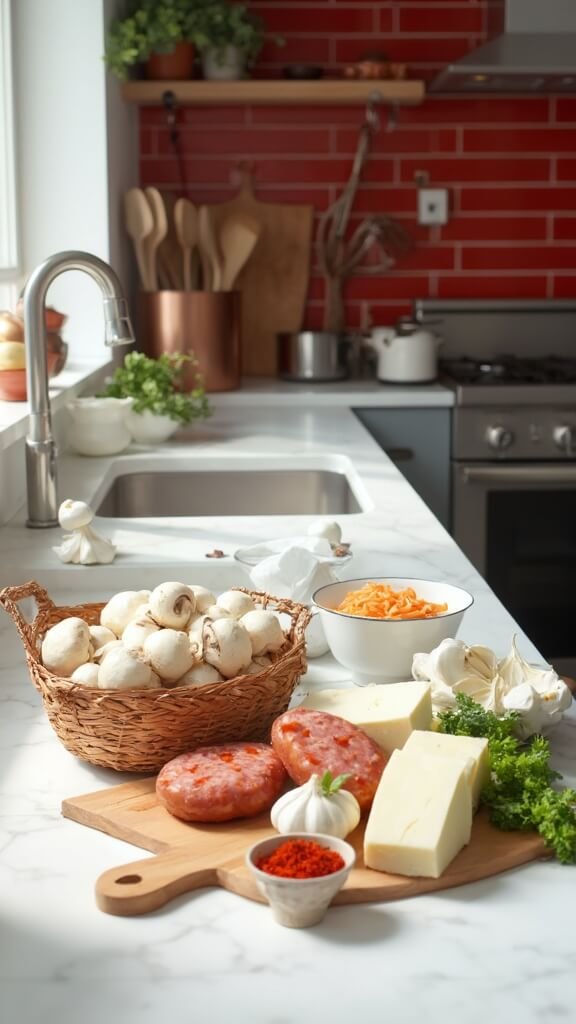 Ingredients for cooking on a modern kitchen countertop featuring mushrooms in a basket, Italian sausage on a cutting board, and various other ingredients like cream cheese, garlic cloves, and red pepper flakes with daylight streaming in.