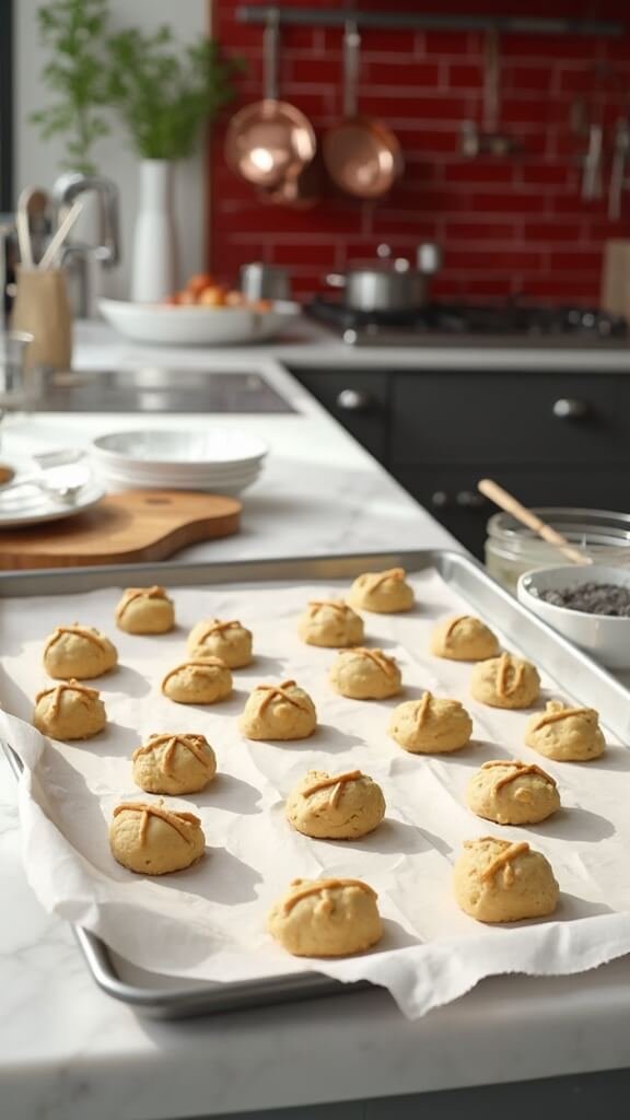 Perfectly shaped cookie dough balls ready to bake on a parchment-lined baking sheet in a modern kitchen
