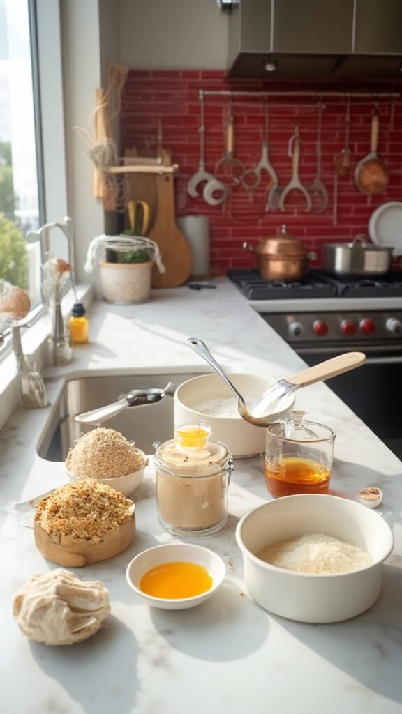 Ingredients for peanut butter cookies arranged neatly in a modern kitchen with white marble countertops and red subway tile backsplash, bathed in natural daylight.