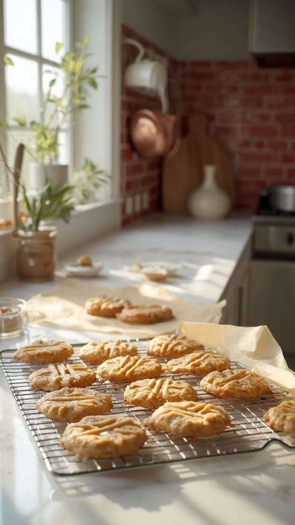 Freshly baked peanut butter cookies cooling on wire rack in a modern kitchen with red subway tile backsplash and white marble countertops