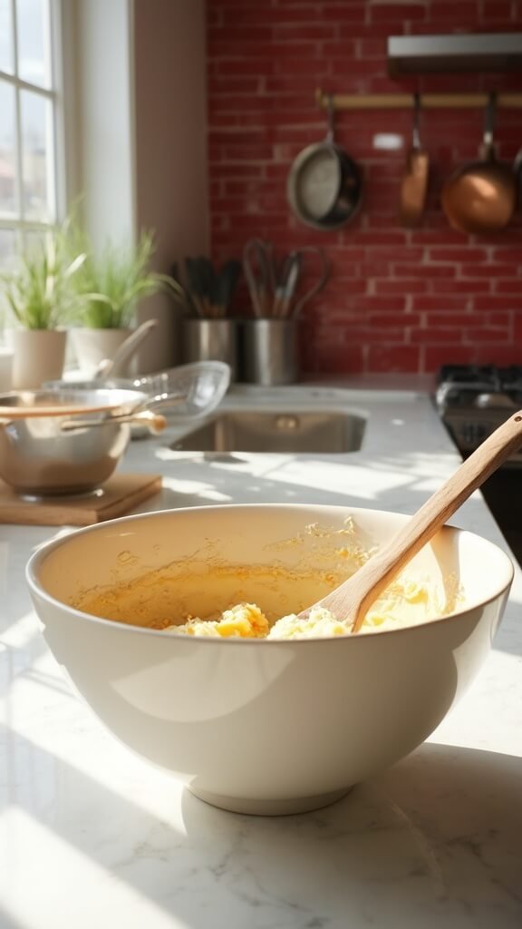 Smooth and creamy peanut butter mixture in a cream-colored mixing bowl with a wooden spoon, in a modern kitchen with red subway tile backsplash and warm, earthy tones