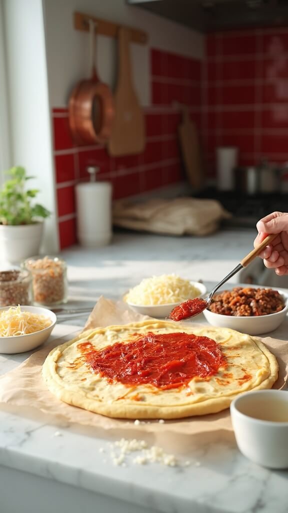 Pre-baked pizza crust on a parchment-lined baking sheet in a modern kitchen, with marinara sauce being spread and meat toppings and cheese bowls ready for assembly.