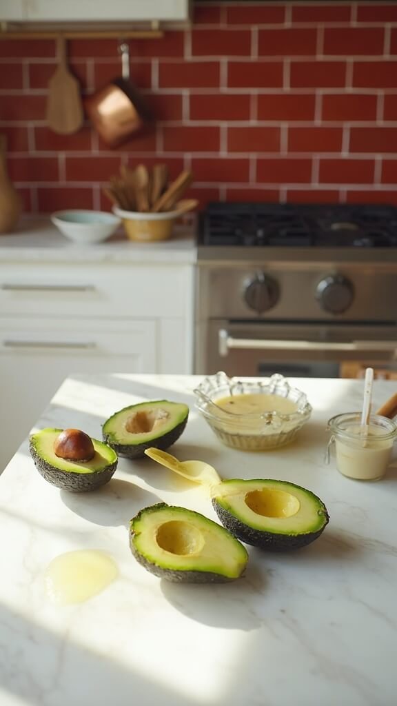 Prepared avocado halves ready for stuffing on marble countertop in modern kitchen