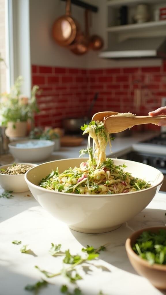 Tossing salad with cucumber slices and red onion in a cream-colored bowl in a modern kitchen, garnishes ready for presentation
