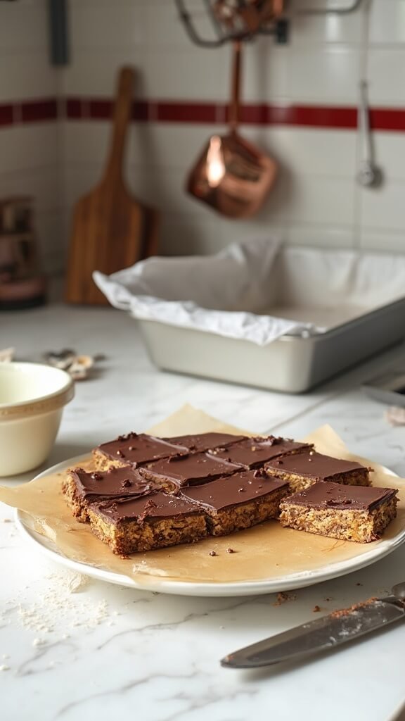 Almond butter protein bars with chocolate topping on a white ceramic plate in a modern kitchen with red subway tile backsplash, wooden utensils and copper pots