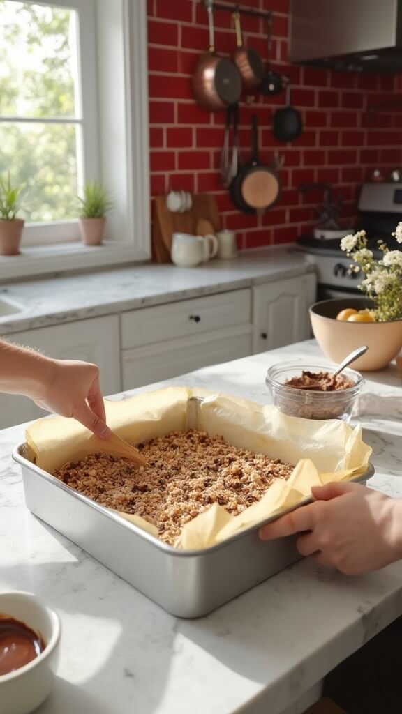 Hands pressing down protein bar mixture in a parchment-lined pan, with a bowl of melted chocolate and coconut oil nearby, in a modern kitchen with red subway tiled backsplash.