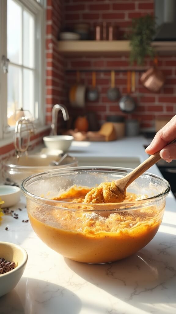 Pumpkin bread batter in mixing bowl with visible flour streaks and spice specks, adjacent to a bowl of mini chocolate chips, in a modern kitchen setup