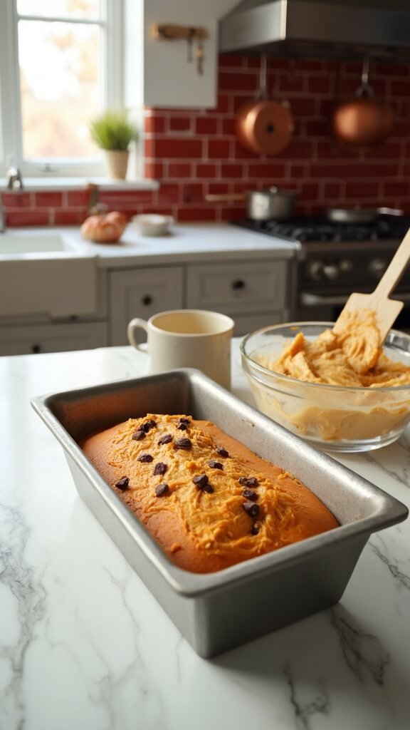 Preparation of pumpkin chocolate chip bread, batter being poured into loaf pan in a modern kitchen
