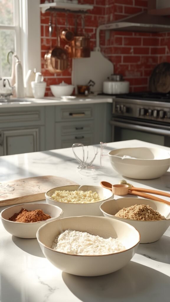 Preparation of dry ingredients for pumpkin bread in a modern kitchen