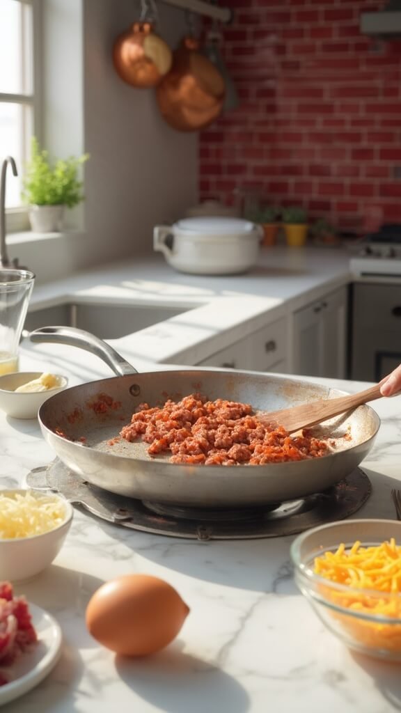 Raw breakfast sausage cooking in a modern kitchen, with fresh eggs, shredded cheese, butter, and heavy cream arranged on the marble countertop