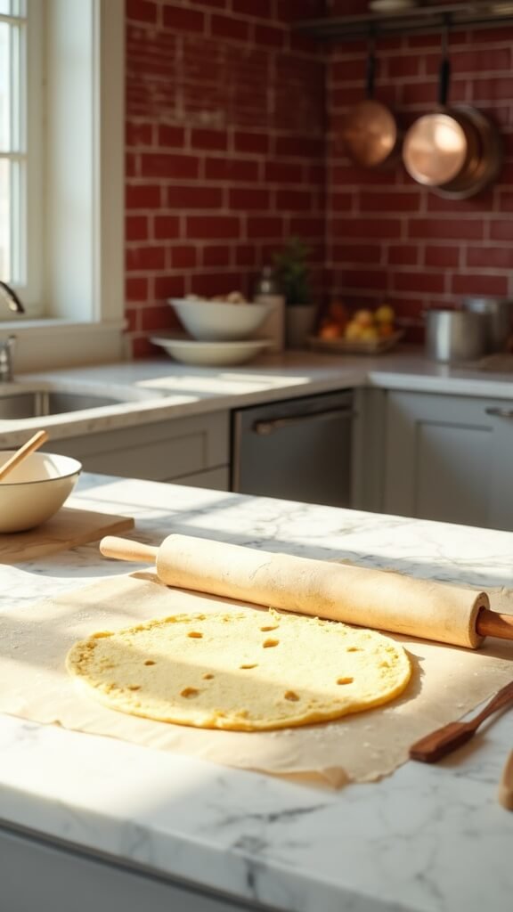 Fathead dough being rolled into a circle with a wooden rolling pin on white marble kitchen counter with modern cookware, ceramic bowls, and wooden utensils around, in a kitchen with red subway tile backsplash and stainless steel appliances.