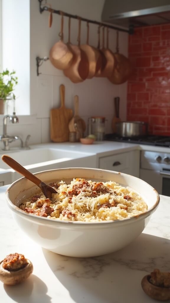 Modern kitchen scene with creamy sausage filling mix in a ceramic bowl, wooden spoon, and ready-to-be-stuffed mushroom caps