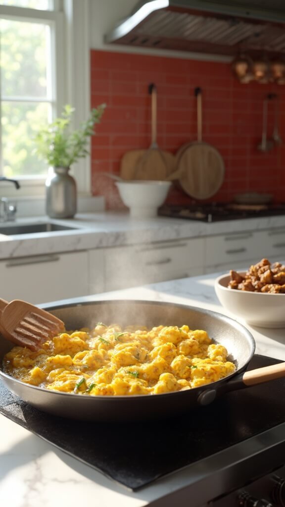 Scrambled eggs cooking in a skillet on a marble countertop in a modern kitchen illuminated by natural daylight