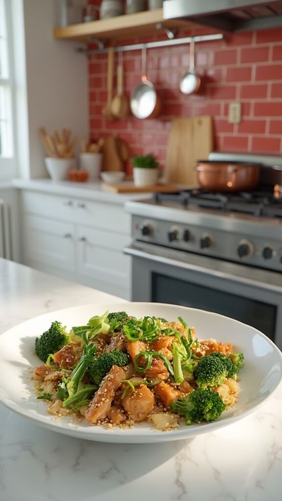 Final plated dish of sesame chicken and broccoli in a modern kitchen with natural daylight