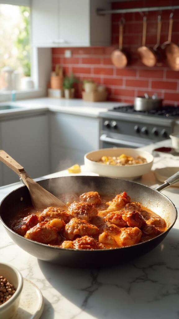 Chicken pieces being tossed in amber-colored sesame sauce in a skillet, with steam rising from the pan in a modern kitchen with red subway tile backsplash and white marble countertops.
