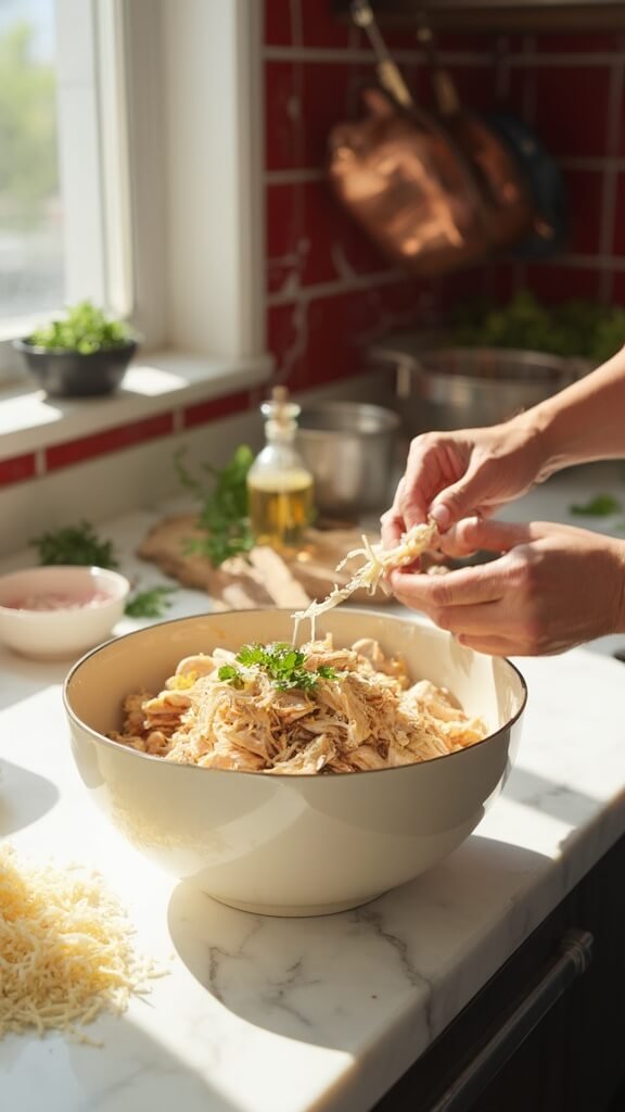 Hands preparing chicken Caesar salad in a cream-colored mixing bowl in a modern kitchen with red subway tiles and copper pots.