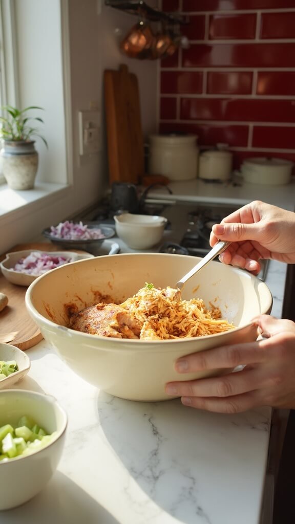 Hands shredding cooked rotisserie chicken in a cream-colored mixing bowl in a modern kitchen